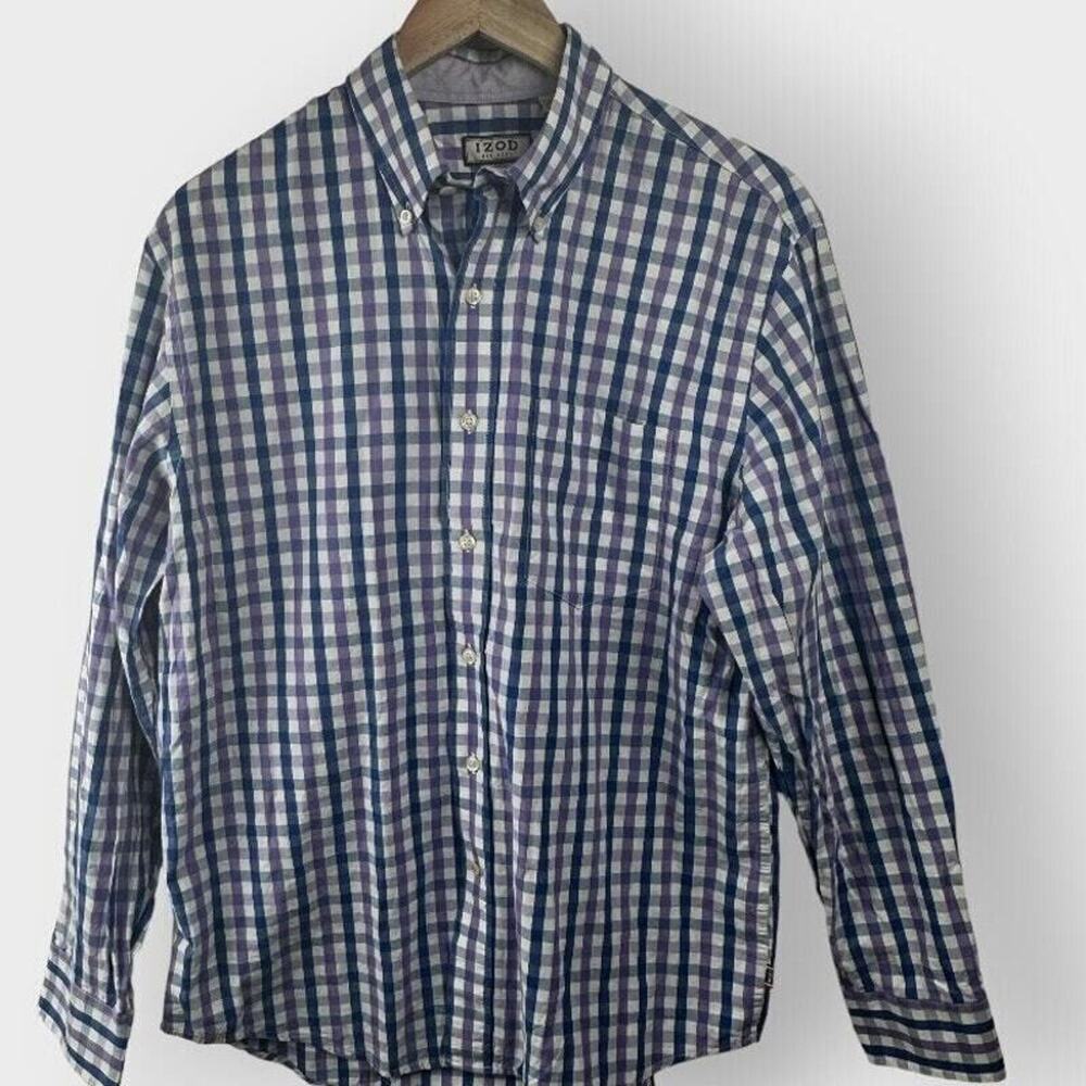 IZOD Checkered Collared Long Sleeve Button Down Shirt Size‎ Med Preppy Workwear